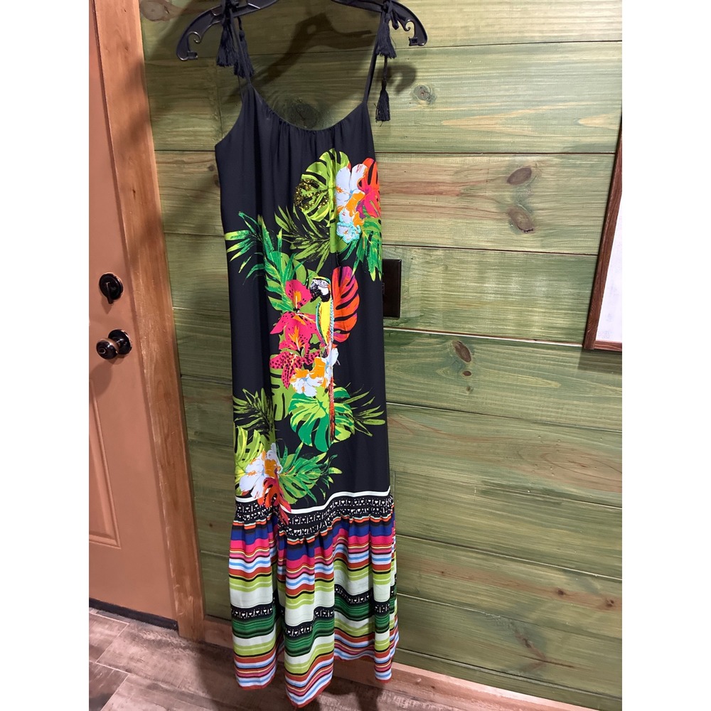 INC International Concepts Tropical Parrot Floral Maxi Dress Black XS